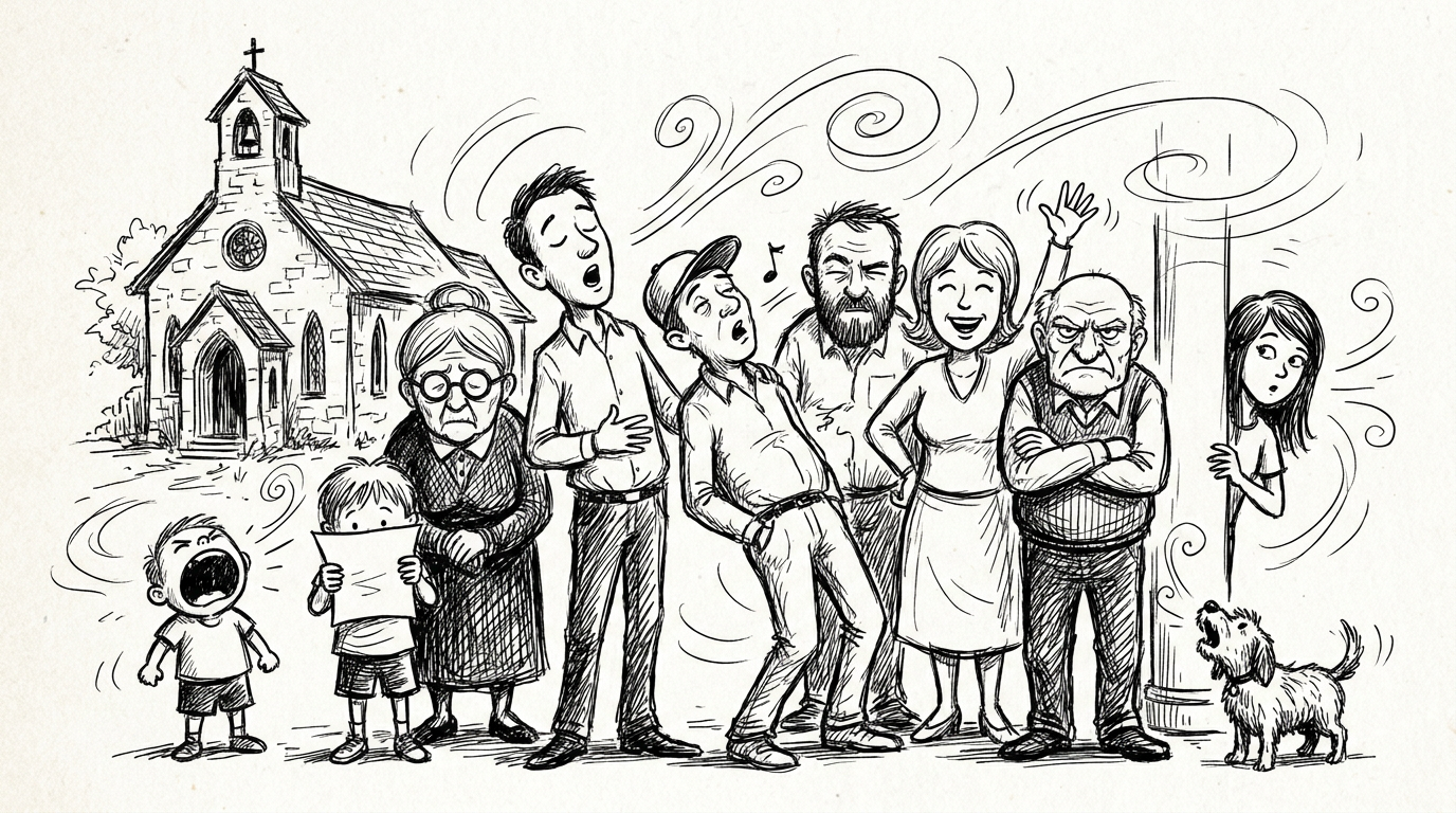 Lockere Tusche-Illustration Chor vor Kirche