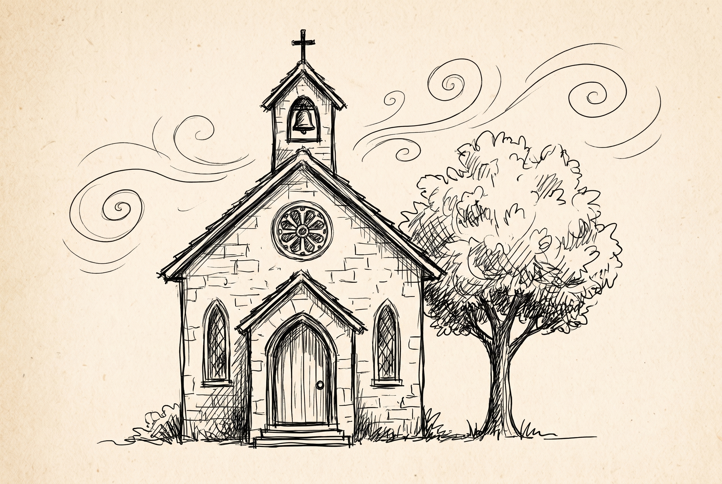 Kirche frontal, lockere Tusche
