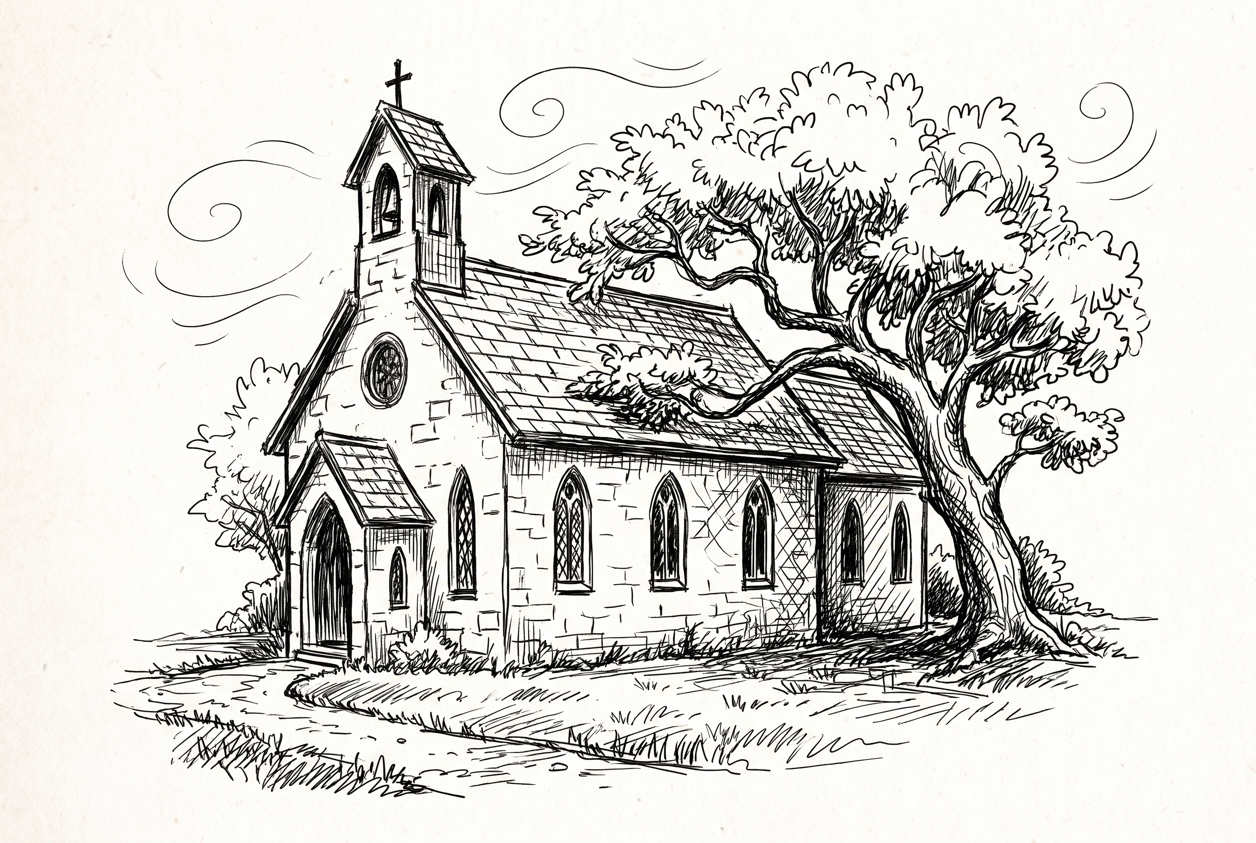 Kirche Dreiviertelansicht, lockere Tusche