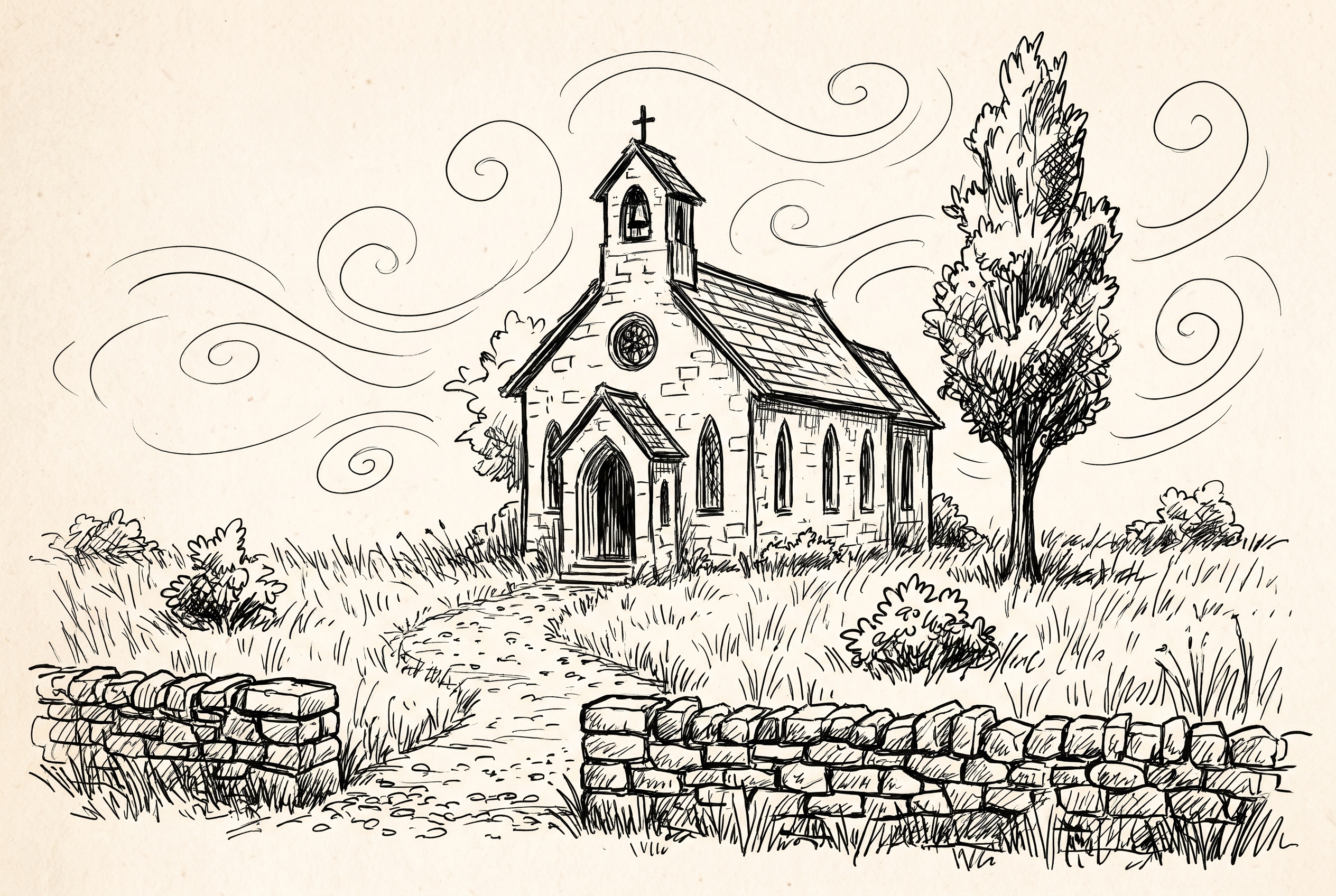 Kirche Weitwinkel mit Steinmauer, lockere Tusche