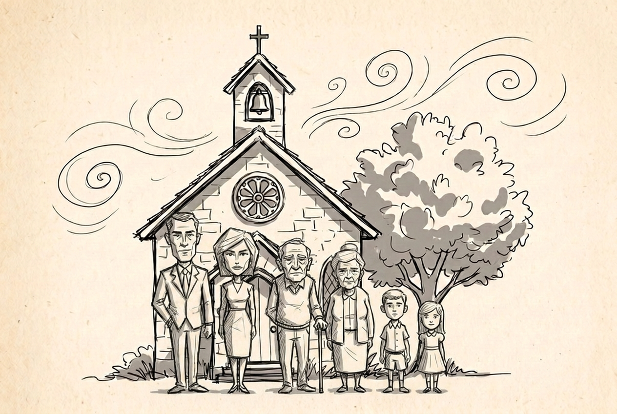 Gruppenszene Kirche und ganze Familie, kantig-karikaturhaft, stehend