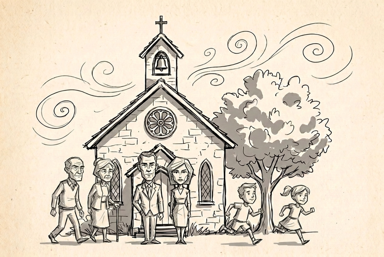 Gruppenszene Kirche und ganze Familie, kantig-karikaturhaft, gehend